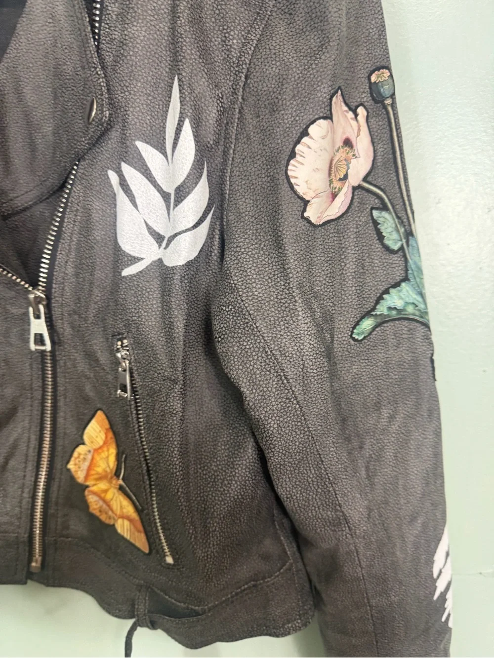 Free People Denim & Bone Patchwork Moto Jacket Gray Leather Small